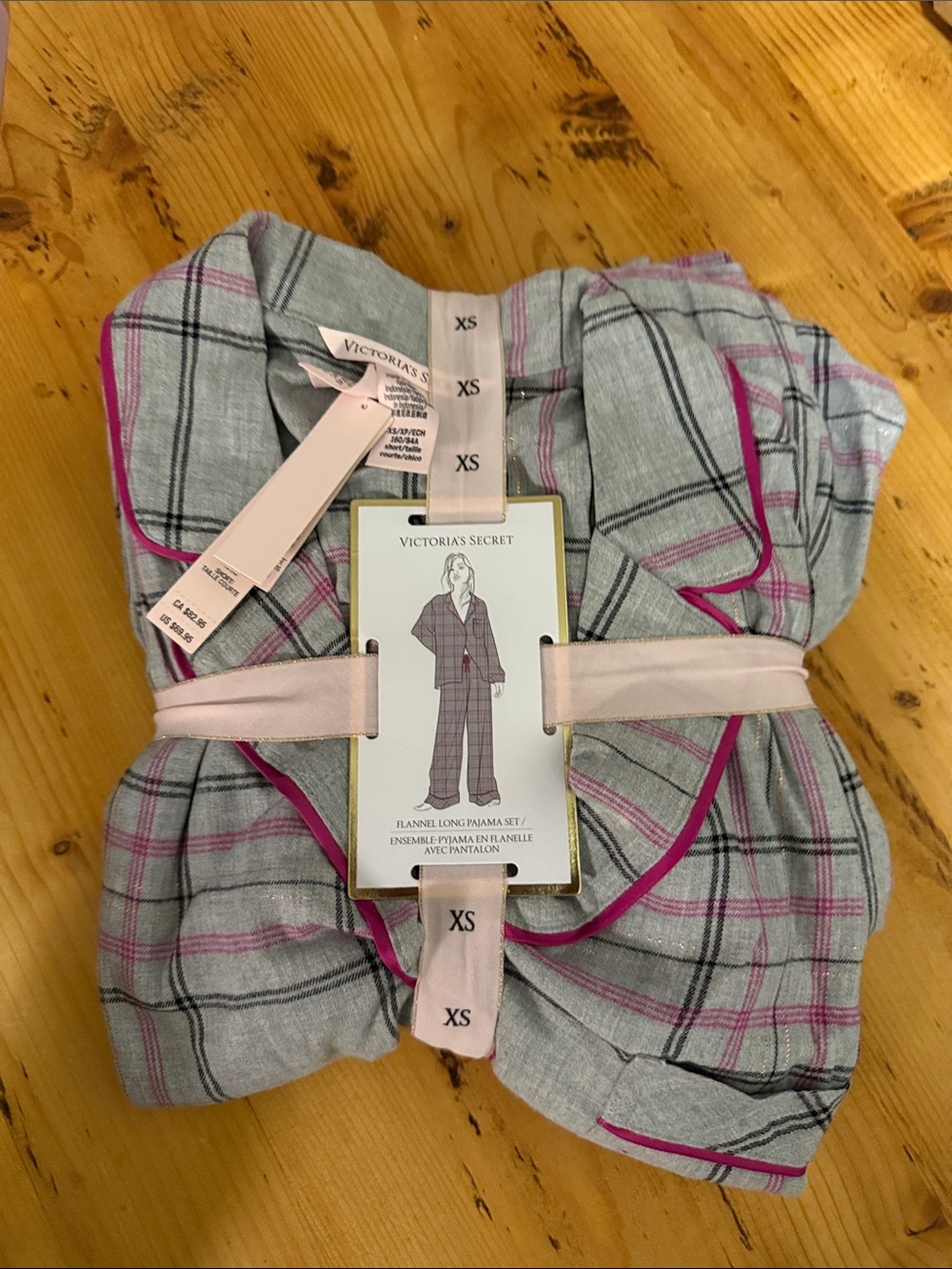 Victoria's Secret Gray Plaid Flannel Pajama Set with Pink Trim